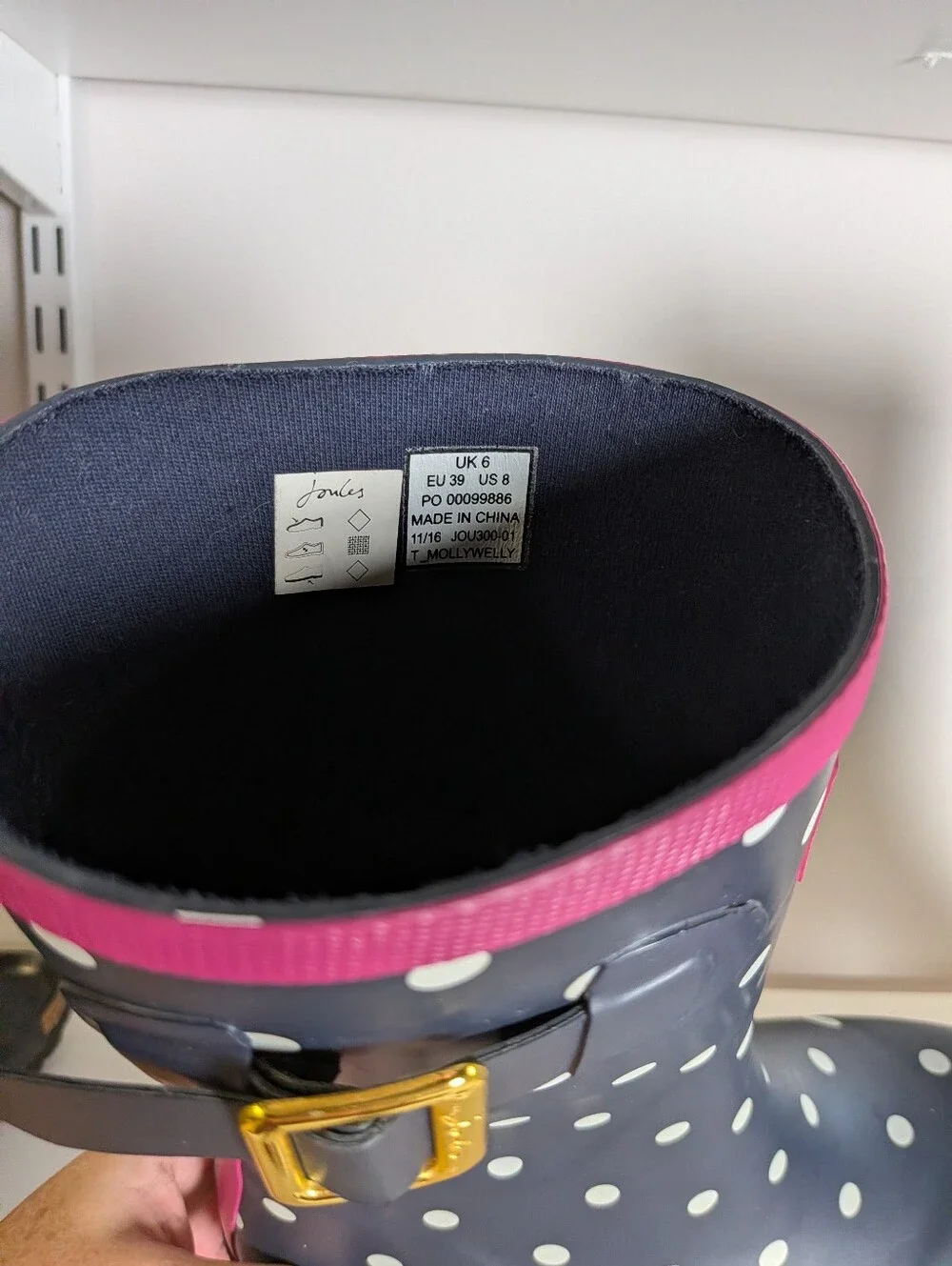 Joules Molly Welly Navy Polka Dot Pink Rain Boots Size US 8